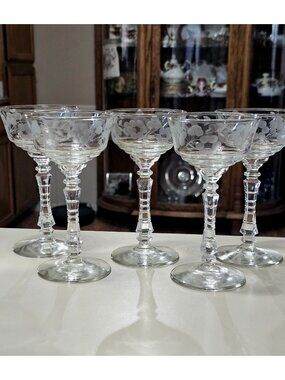 5 Deco Flower Cocktail Coupe Glasses 5.75" Rock Sharpe glasses etched floral rom